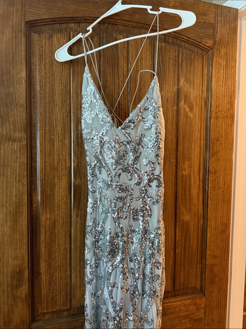 Silver Sequin Spaghetti-Strap Evening Dress